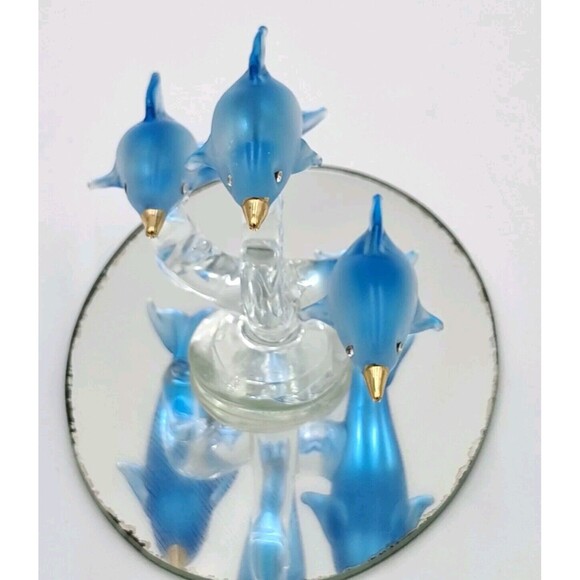 Vtg Blue Dolphins Glass Figurine Dolphin Trio on Mirror Base 3 1/4in tall" - Picture 3 of 13